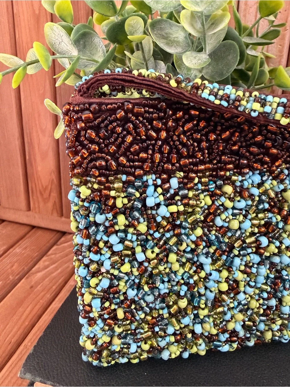 Hand Beaded Boho Clutch Wristlet in Brown Turquoise & Lime Green Seed Beads Y2K